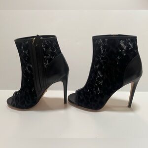 Jerome C Rousseau Black Leopard Print Leather/Suede Peep Toe Booties Size 38.5